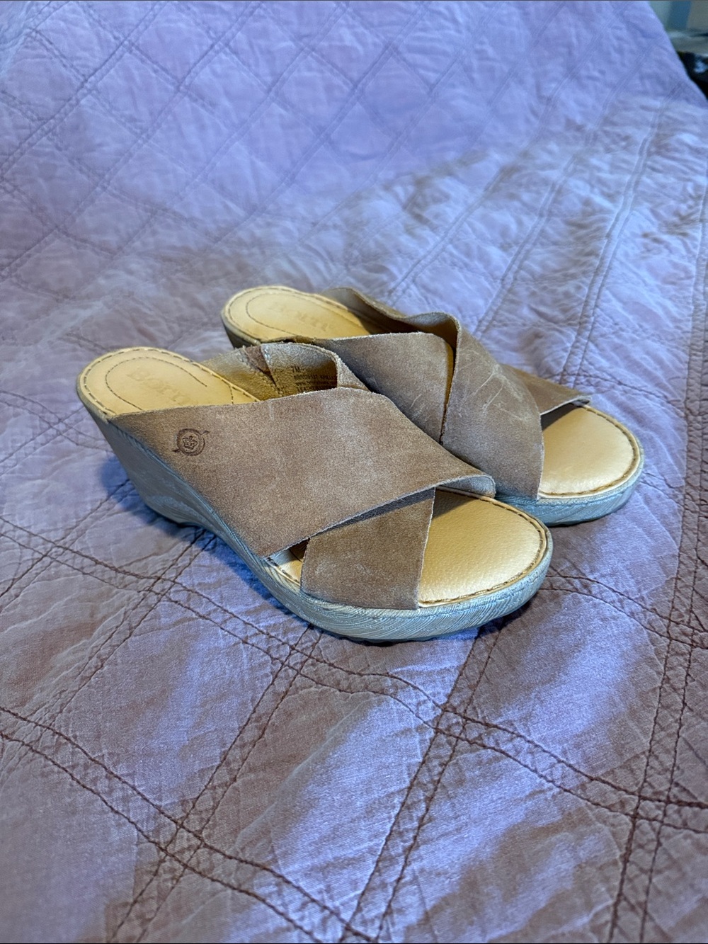 Born Suede Crisscross Wedge Slides in Taupe